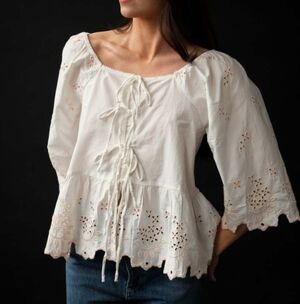 Damson Madder Lana Blouse Size 14 White Eyelet Scallop Peplum Tie Front